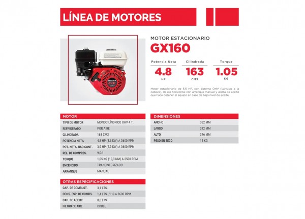 Motor estacionario Honda GX160 Arr. Eléctrico - Eje Vertical - HONDA