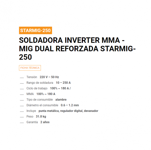 Soldadora Inverter  MIG-MAG DUAL STARMIG-250 Lusqtoff - LUSQTOFF