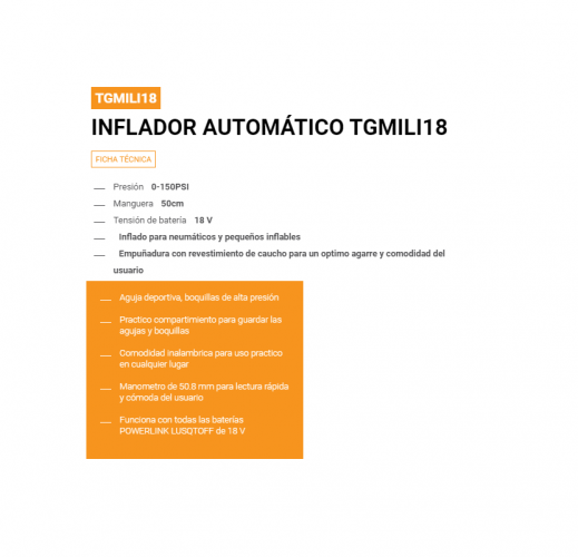 Inflador Automático 18V TGMILI18 Lusqtoff - LUSQTOFF