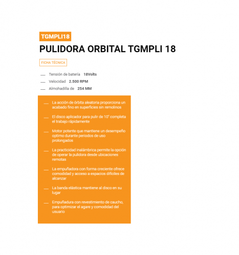 Pulidora Orbital a bateria 18V TGMPLI18 - LUSQTOFF