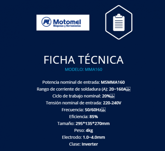 Soldadora Inverter MMA - 220 V - 20/160 A - protección contra golpes y - MOTOMEL