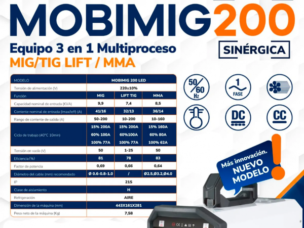 Soldadora Inverter MOBIMIG200 Ferrolan - Todos los procesos MIG|MMA|TIG 200A - SINERGICA - FERROLAN
